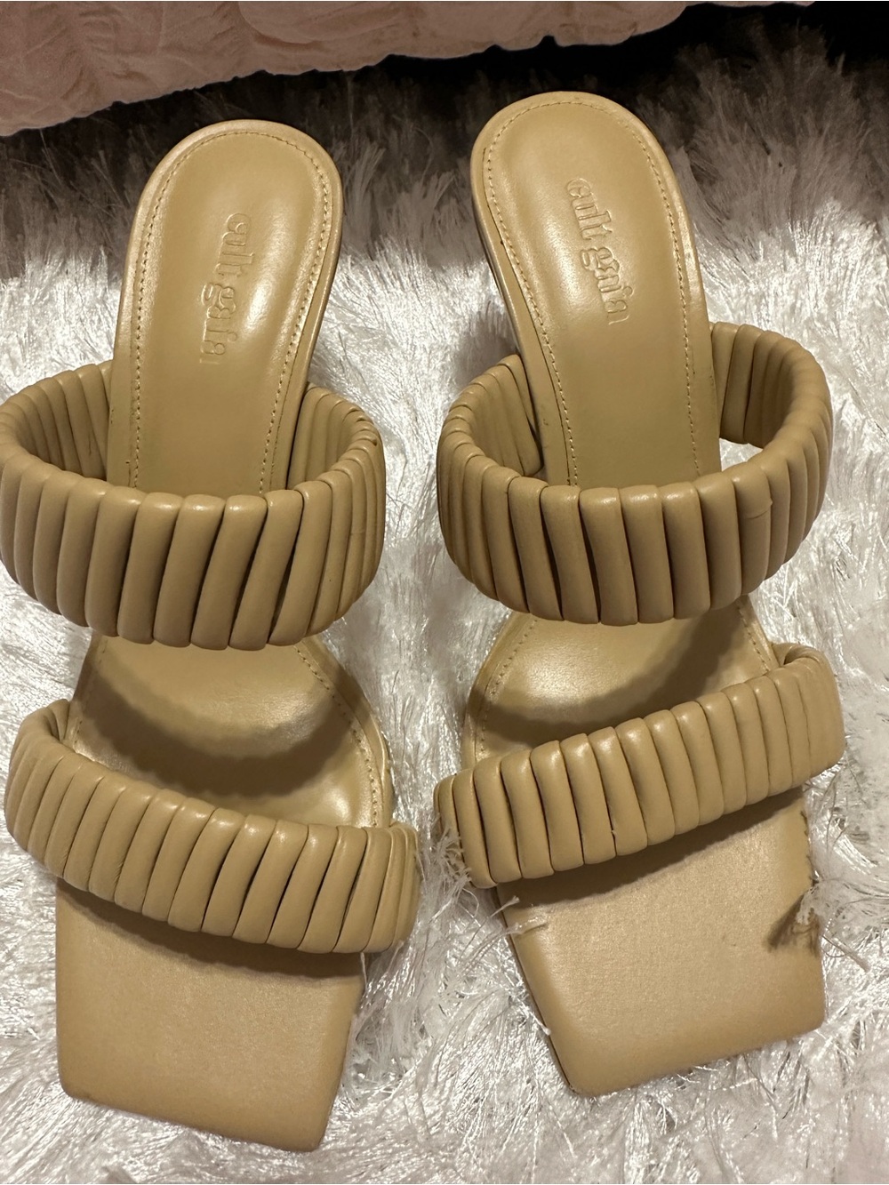 cult gaia tan ribbed double-strap heeled sandals